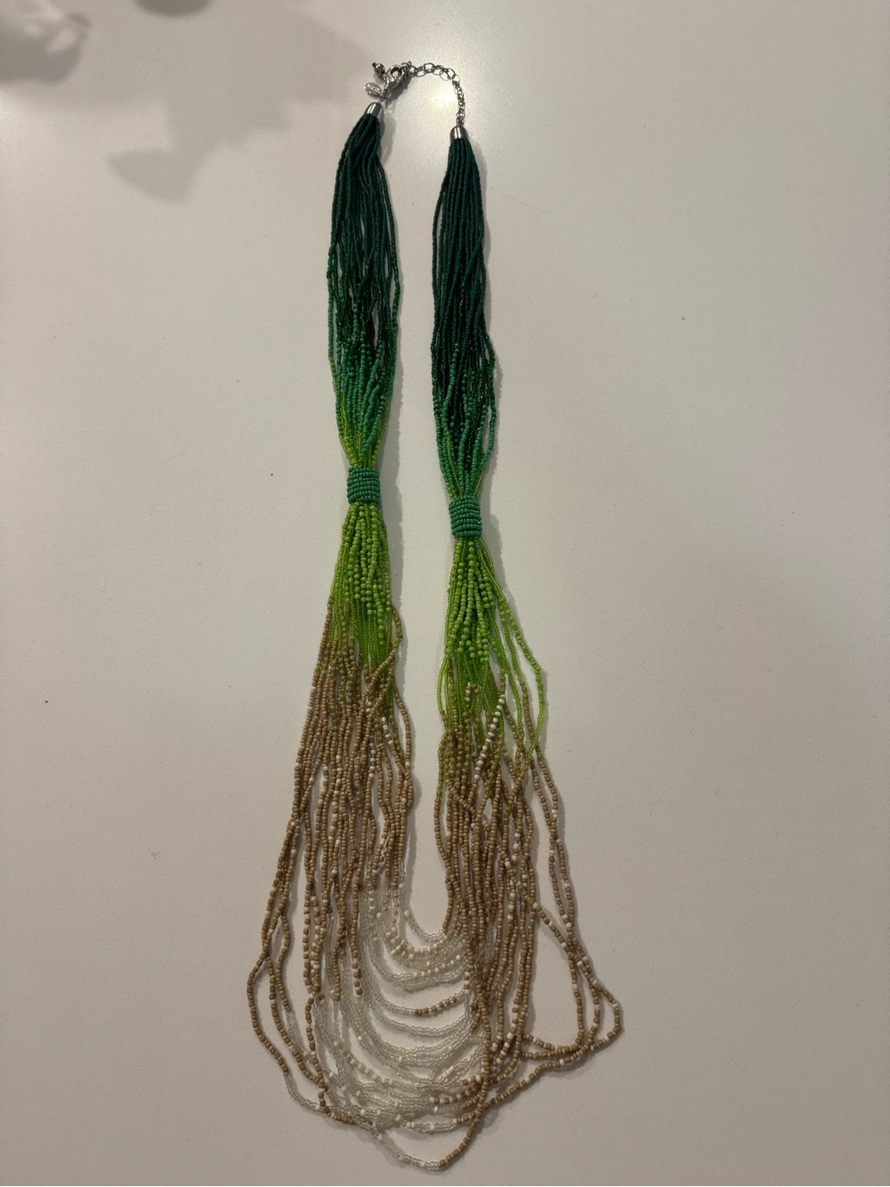 Chico's Green Ombre Beaded Multi-Strand Necklace with Gold and Cream Drops